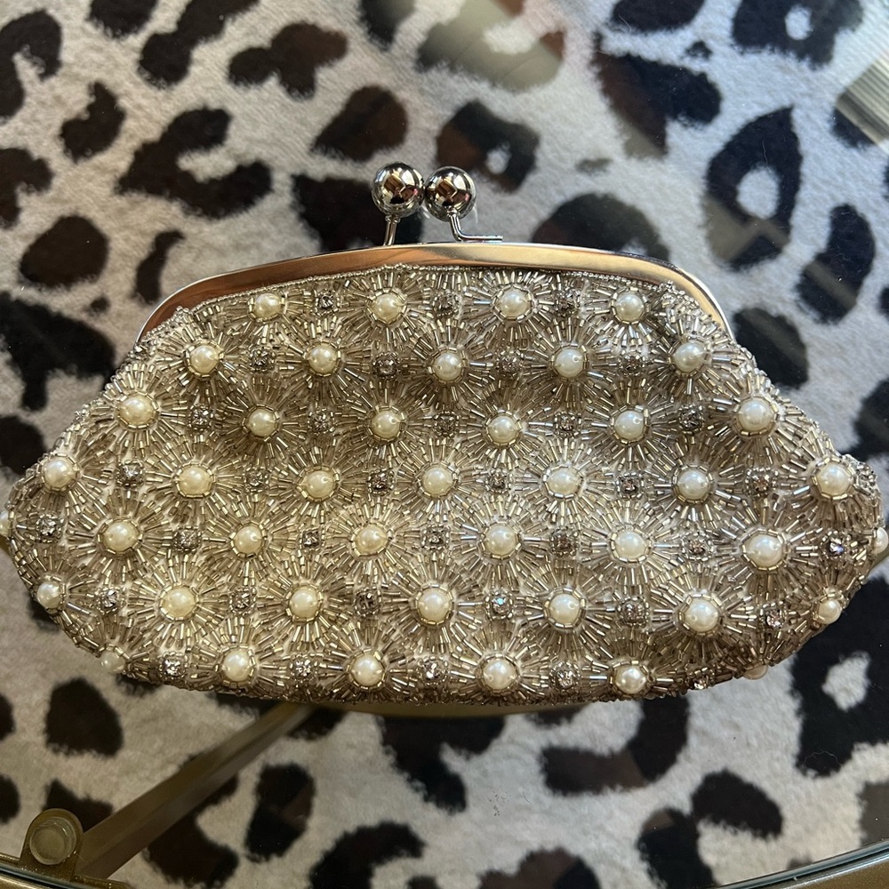Kate Landry Gold Pearl-Embellished Clutch